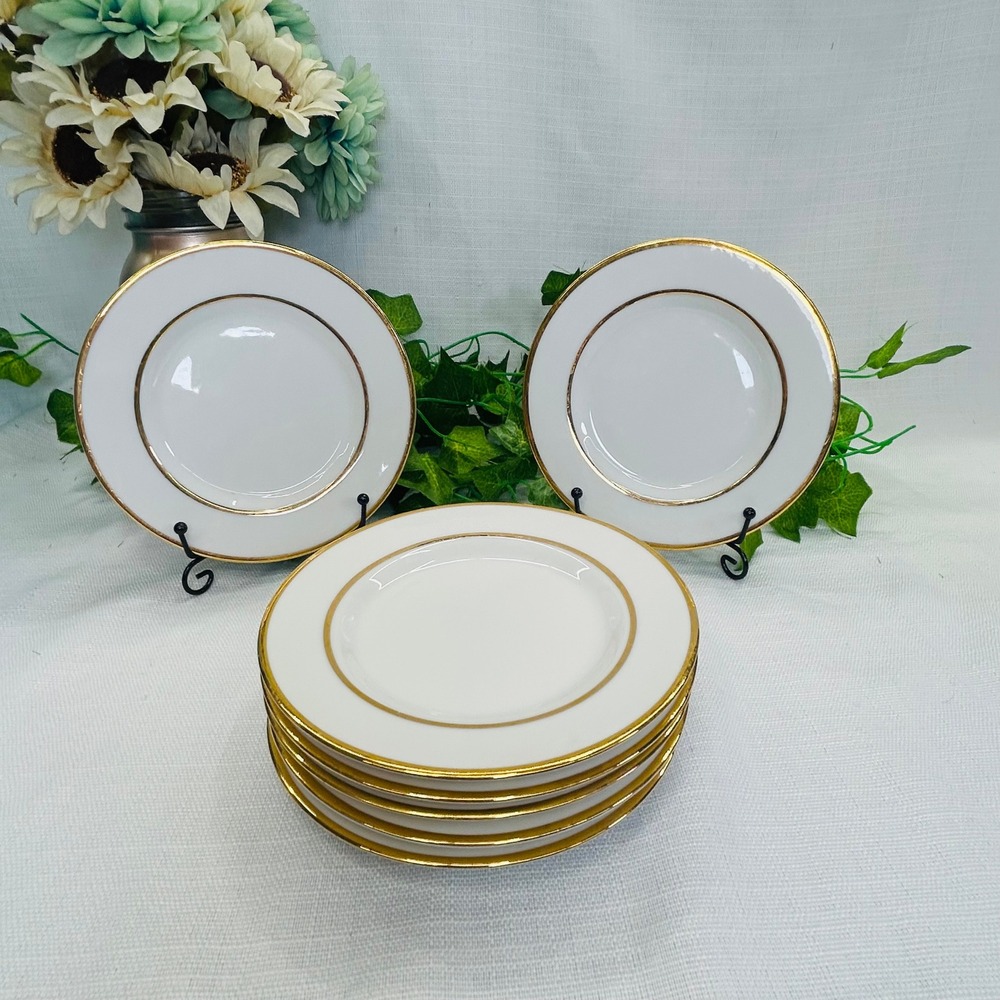 10 Strawberry Street Double Gold Line Bread Plates 6" Set of 7 White Gold Monno